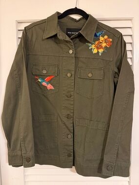 Who What Wear Olive Utility Jacket with Embroidered Hummingbird & Florals NWT